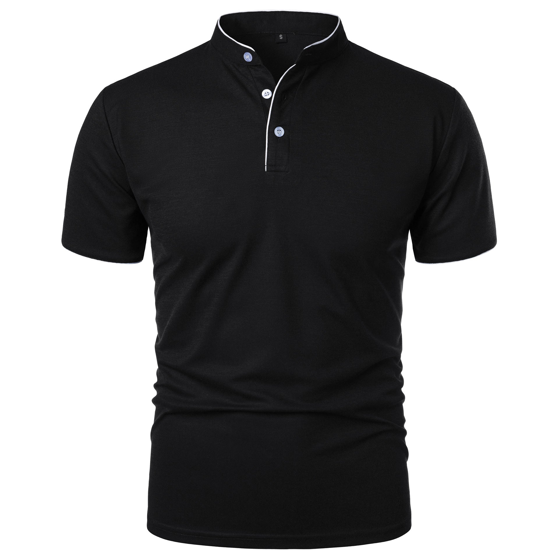 Maglietta polo nera da uomo con colletto alla coreana e bottoni, design elegante e moderno, ideale per abbigliamento casual e formale.
