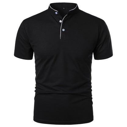 Maglietta polo nera da uomo con colletto alla coreana e bottoni, design elegante e moderno, ideale per abbigliamento casual e formale.