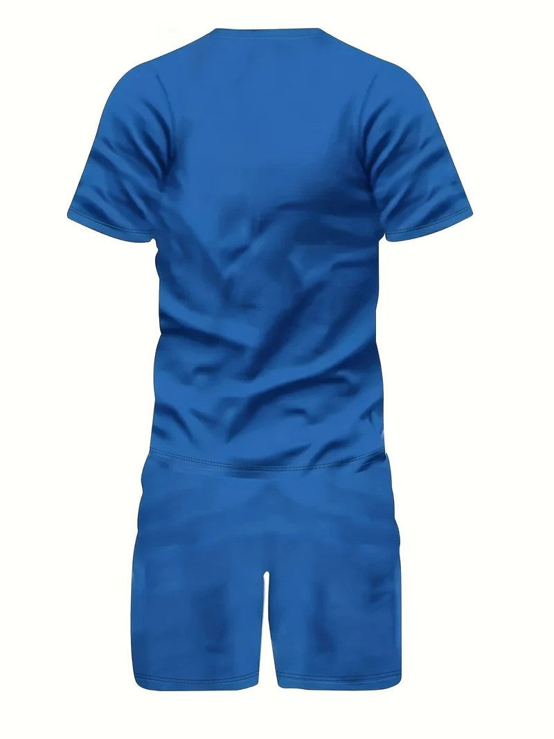 Tuta sportiva blu da uomo, maniche corte, tessuto traspirante, ideale per allenamento e fitness. Design moderno e confortevole.