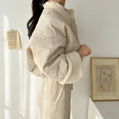 Chaqueta de invierno para mujer gruesa con cuello alto y costuras en terciopelo de cordero