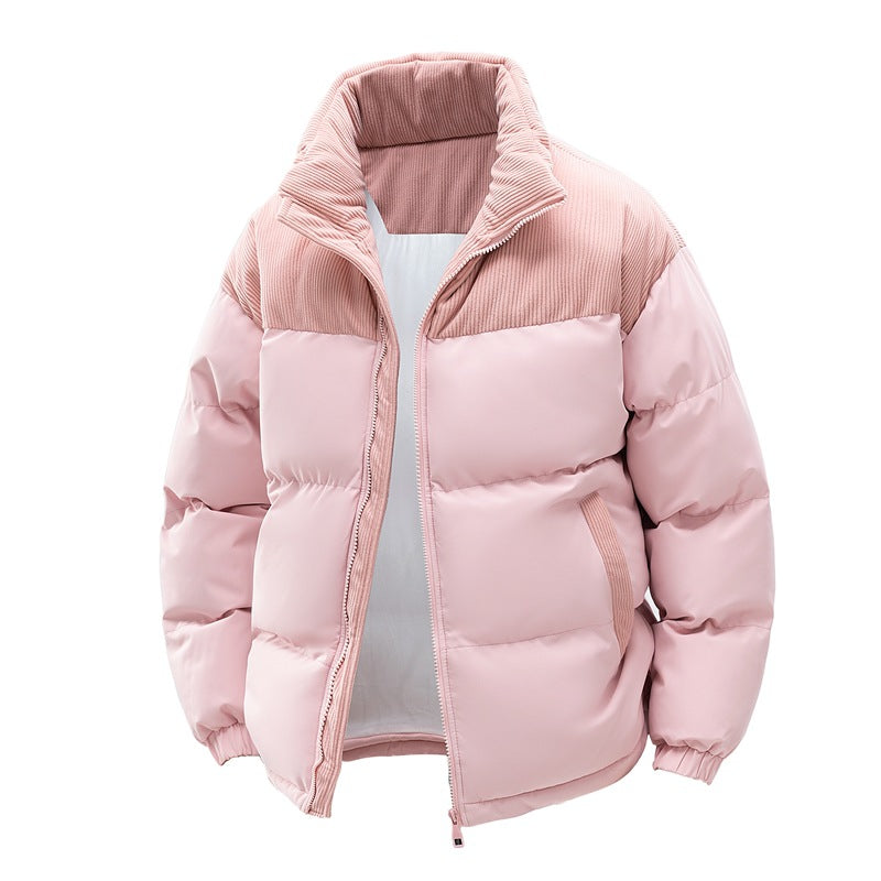 Giacca invernale imbottita rosa, design trapuntato, colletto alto, chiusura zip, tasche laterali. Moda donna, abbigliamento caldo, stile casual.