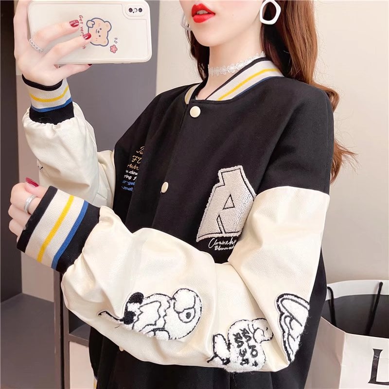 Chaqueta de mujer estilo béisbol con estampado de dibujos animados y mangas largas