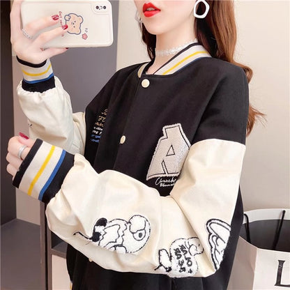 Chaqueta de mujer estilo béisbol con estampado de dibujos animados y mangas largas