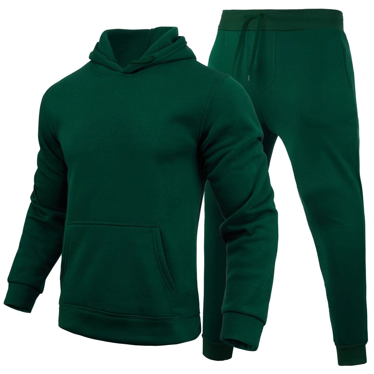 Set tuta sportiva verde scuro, felpa con cappuccio e pantaloni, abbigliamento casual uomo, moda comoda, tessuto morbido, stile moderno.