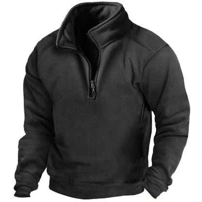 Felpa nera in pile con zip corta, design casual e sportivo, ideale per l'inverno. Abbigliamento caldo e confortevole per uomo.