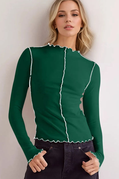 Maglietta a Maniche Lunghe da Donna con Collo Alto e Bordo a Contrasto