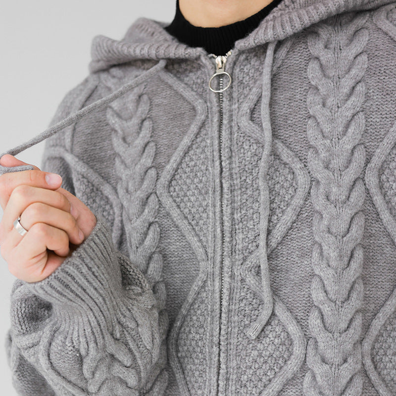 Maglione grigio con cappuccio, lavorazione a trecce, chiusura a zip, indossato da una persona. Moda invernale, abbigliamento caldo e casual.