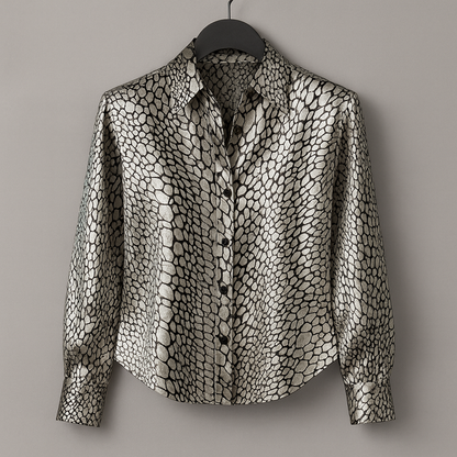 Top da Donna con Motivo Leopardato, Finitura Lucida e Chiusura con Bottoni