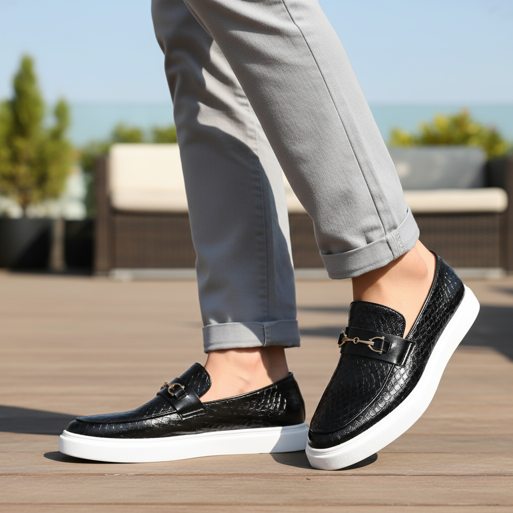 Men's Moccasins in Embossed Faux Leather with Snake Effect and Metal Buckle