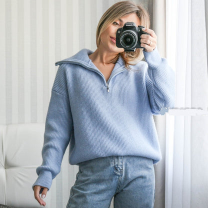 Maglione Knit Donna Collo Con Zip Maniche Lunghe