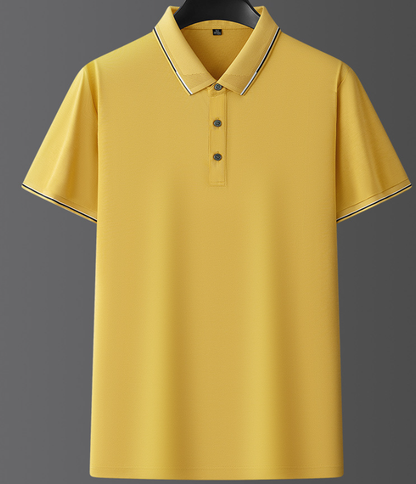 Polo gialla da uomo con colletto a contrasto e tre bottoni, maniche corte, stile casual elegante, perfetta per look estivi e primaverili.
