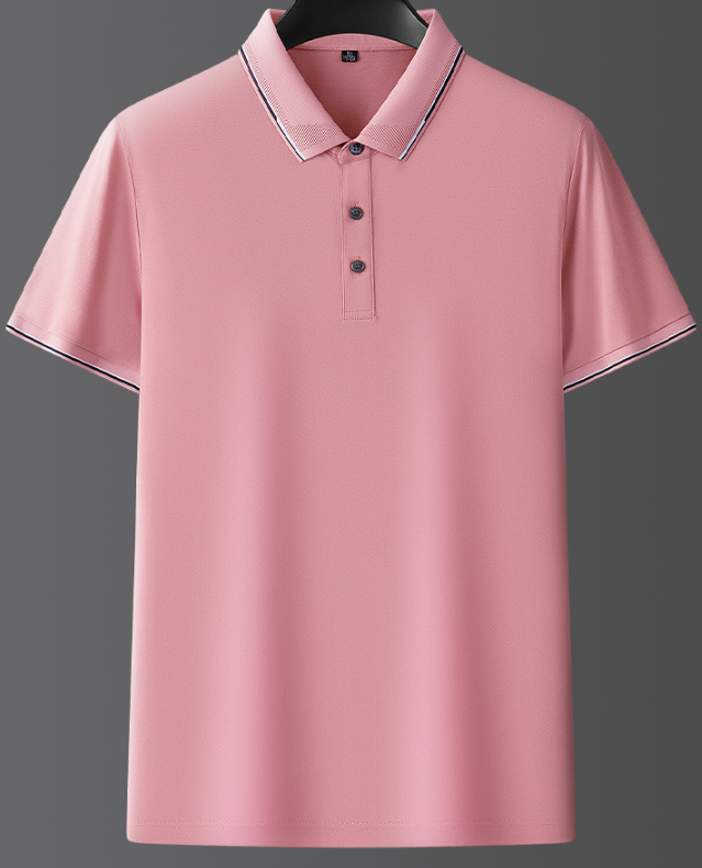 Maglietta polo rosa da uomo, maniche corte, colletto classico, bottoni frontali, tessuto leggero, ideale per abbigliamento casual ed estivo.