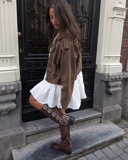 Brown Women's Biker Ankle Boots with Buckle and Side Zip