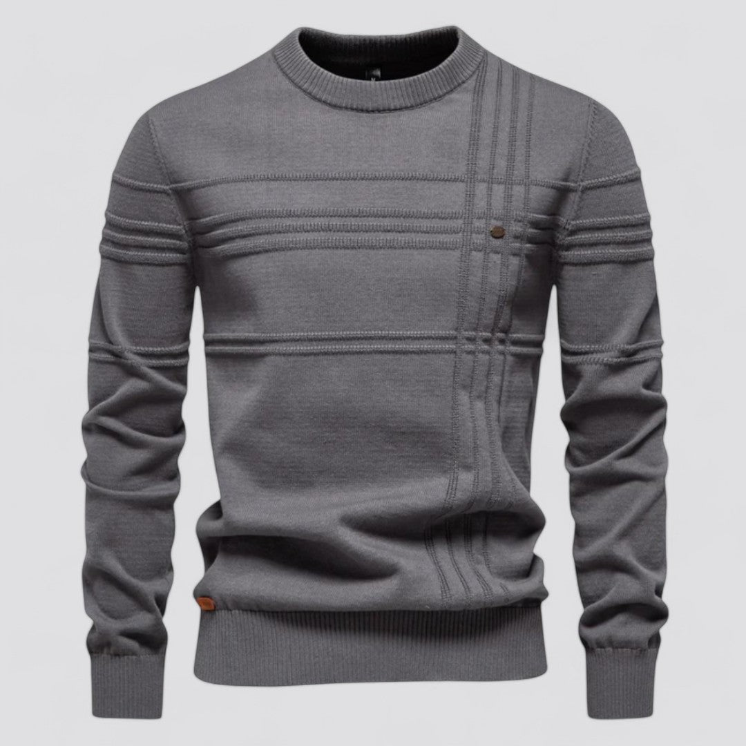 Maglione grigio da uomo in lana, design a righe orizzontali, girocollo, maniche lunghe, stile casual elegante, ideale per l'autunno e l'inverno.