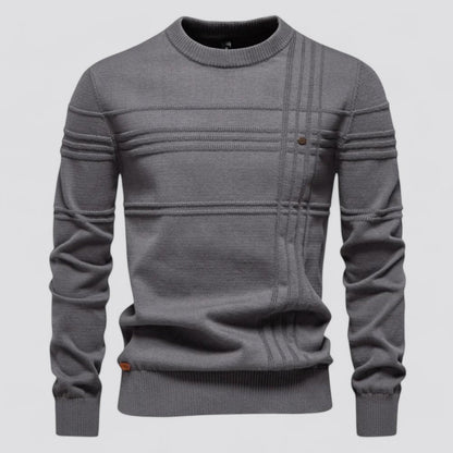 Maglione grigio da uomo in lana, design a righe orizzontali, girocollo, maniche lunghe, stile casual elegante, ideale per l'autunno e l'inverno.
