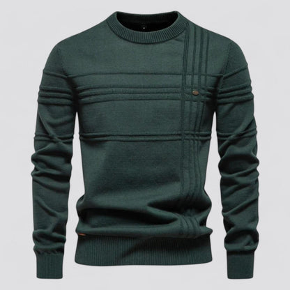 Maglione verde scuro da uomo, design a righe orizzontali e verticali, girocollo, maniche lunghe, stile casual elegante, moda autunno inverno.