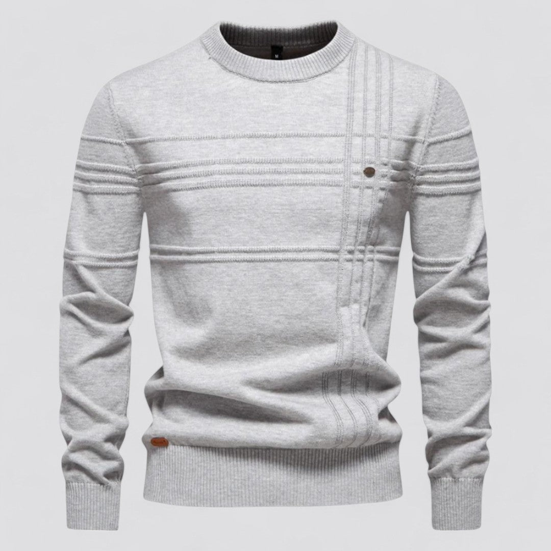 Maglione grigio chiaro da uomo, design a righe, girocollo, maniche lunghe, stile casual elegante, ideale per autunno e inverno.