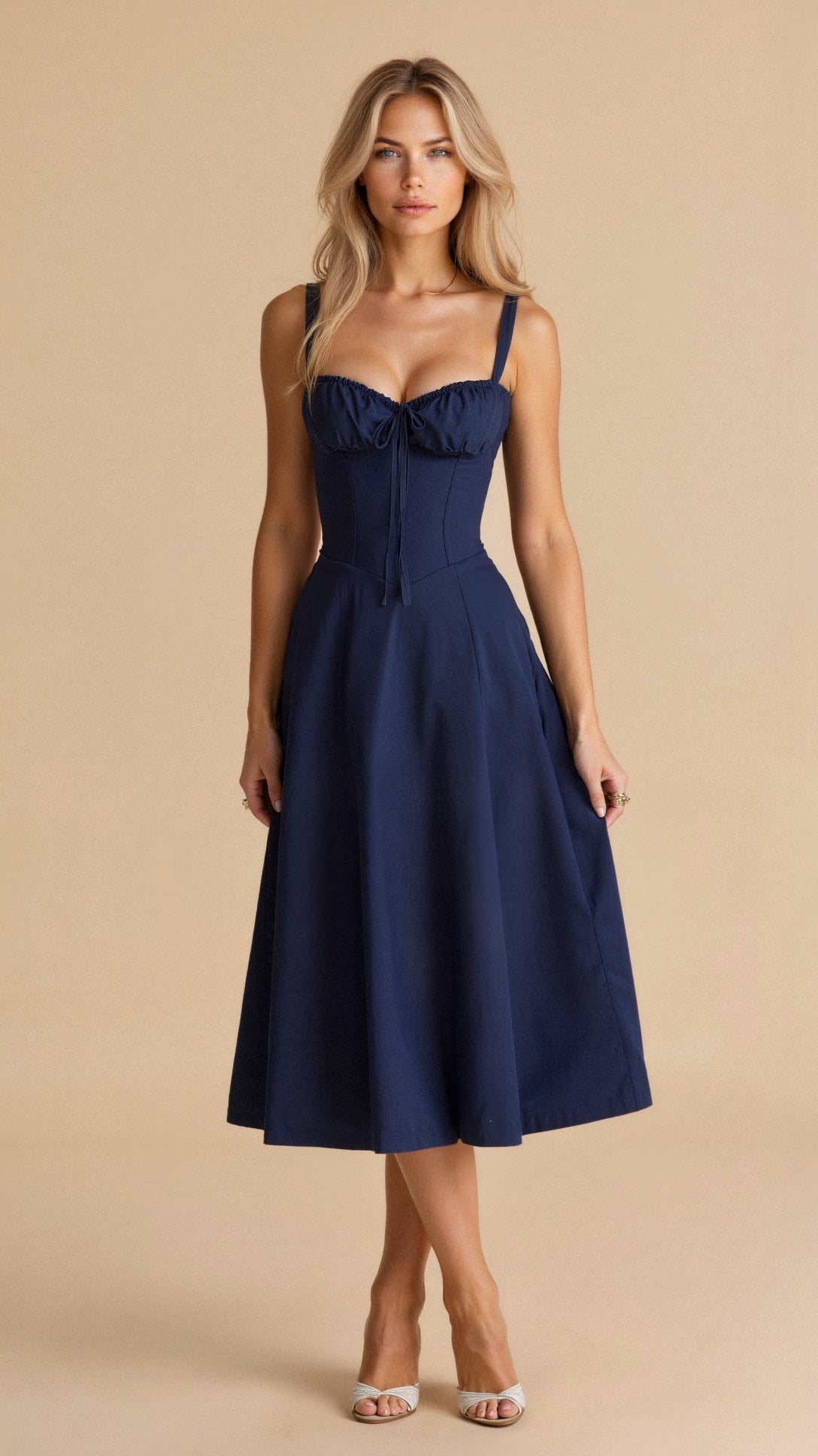 Abito Midi con Dettaglio Corsetto, Corpetto Aderente e Gonna Fluida | Ideale per Primavera ed Estate