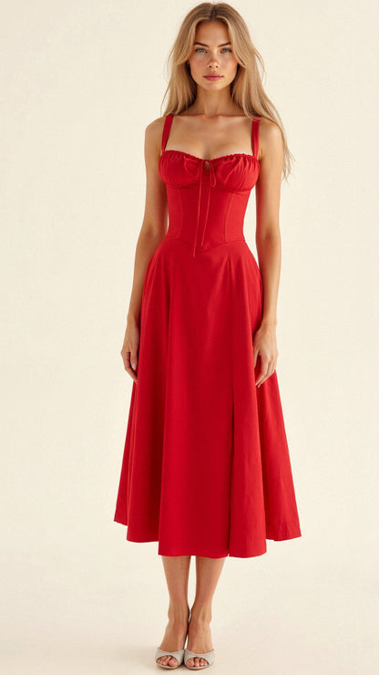 Abito Midi con Dettaglio Corsetto, Corpetto Aderente e Gonna Fluida | Ideale per Primavera ed Estate