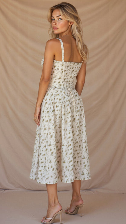Abito Midi con Dettaglio Corsetto, Corpetto Aderente e Gonna Fluida | Ideale per Primavera ed Estate