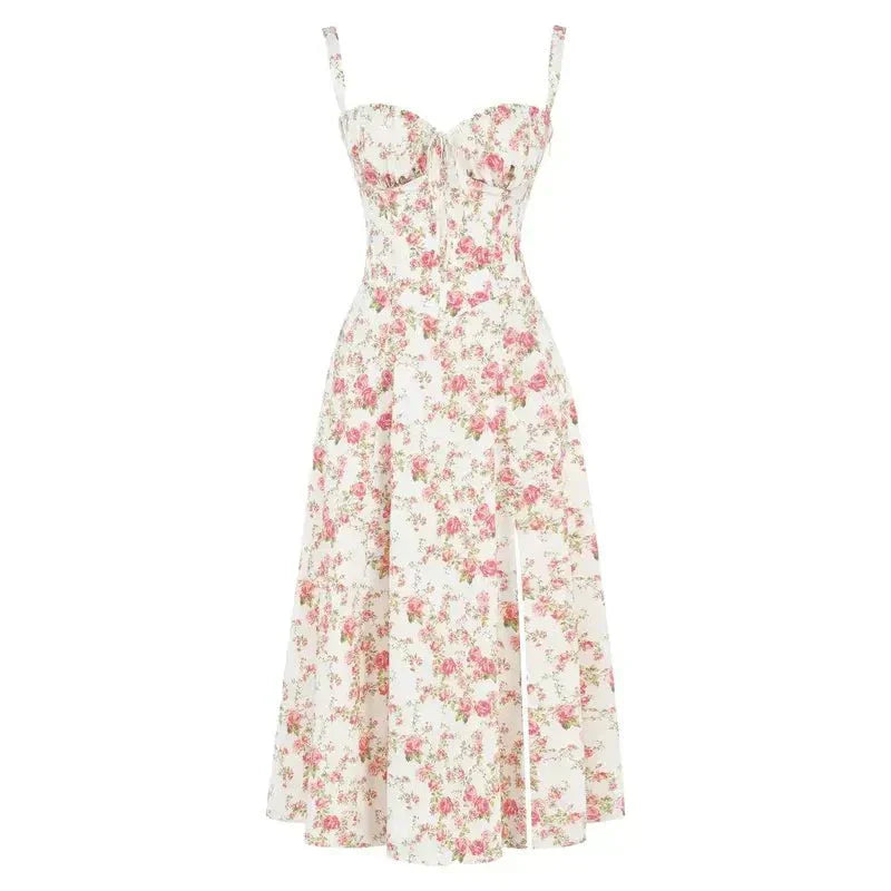 Abito Midi con Dettaglio Corsetto, Corpetto Aderente e Gonna Fluida | Ideale per Primavera ed Estate