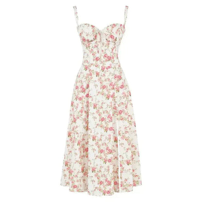 Abito Midi con Dettaglio Corsetto, Corpetto Aderente e Gonna Fluida | Ideale per Primavera ed Estate