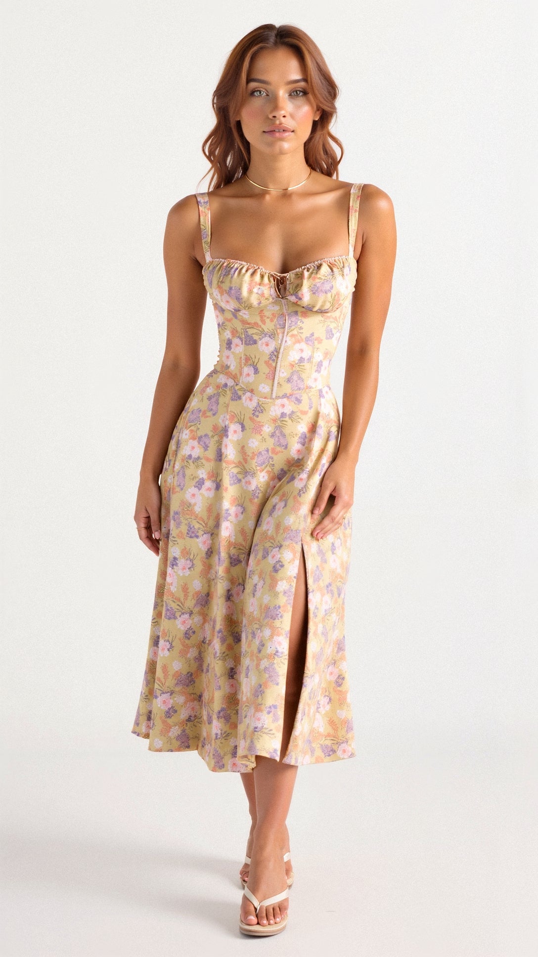 Abito Midi con Dettaglio Corsetto, Corpetto Aderente e Gonna Fluida | Ideale per Primavera ed Estate