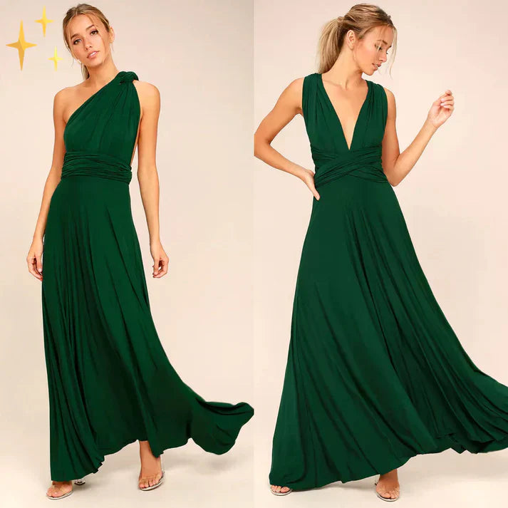 Abito lungo verde elegante, stile monospalla e scollo a V, perfetto per cerimonie e serate. Moda donna, abbigliamento formale, tendenza 2023.