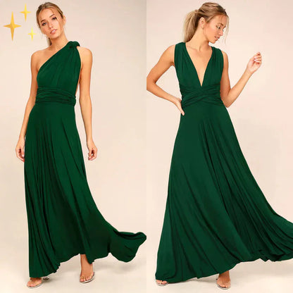 Abito lungo verde elegante, stile monospalla e scollo a V, perfetto per cerimonie e serate. Moda donna, abbigliamento formale, tendenza 2023.