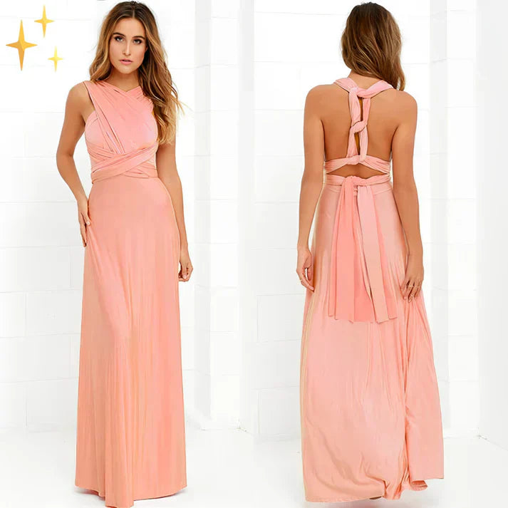 Abito lungo rosa elegante, design incrociato, senza maniche, con schiena scoperta. Perfetto per eventi formali e serate speciali.