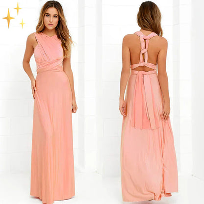 Abito lungo rosa elegante, design incrociato, senza maniche, con schiena scoperta. Perfetto per eventi formali e serate speciali.