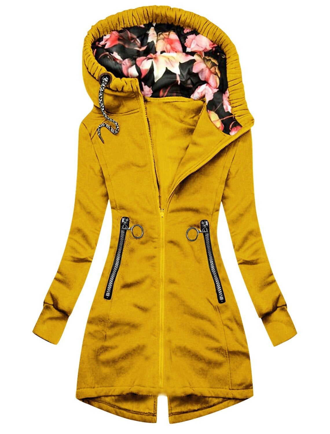 Giacca donna gialla con cappuccio foderato a fiori, zip frontale, tasche con cerniera, design elegante e moderno, moda autunno inverno.