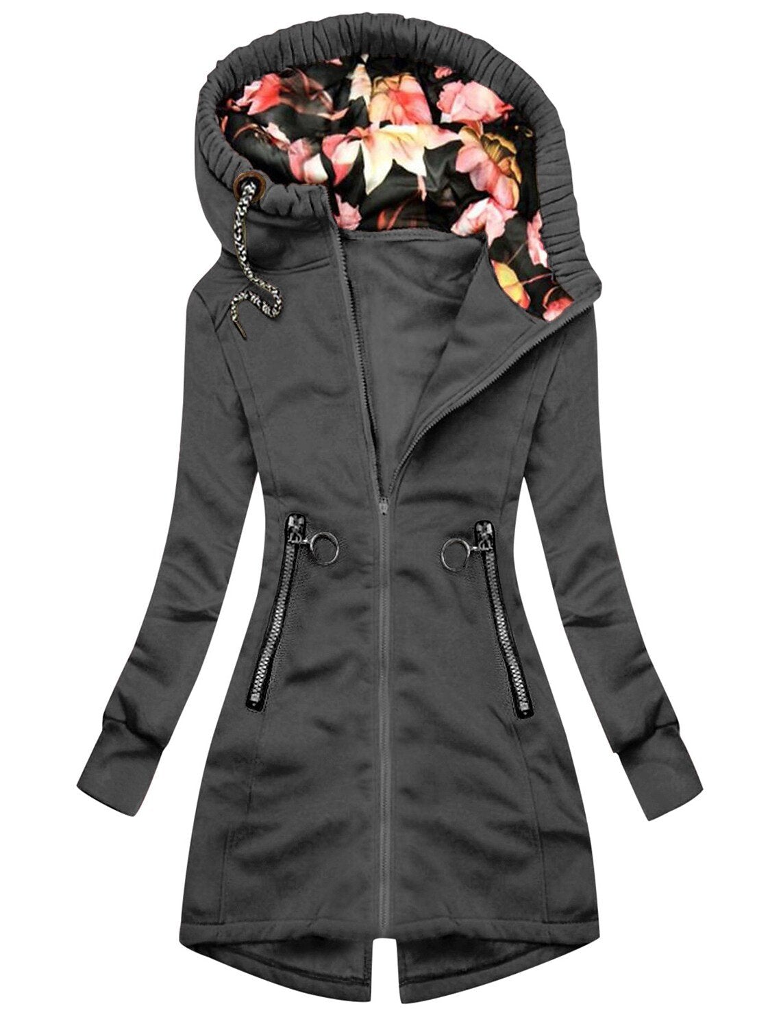 Giacca lunga donna con cappuccio, colore grigio scuro, interno floreale, zip frontale, tasche con cerniera. Moda autunno inverno.