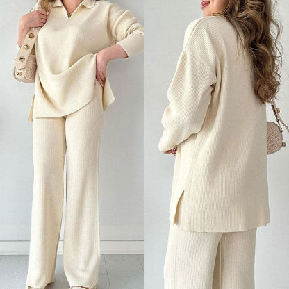 Completo Autunnale da Donna in Maglia Due Pezzi con Top a V e Pantaloni a Gamba Larga