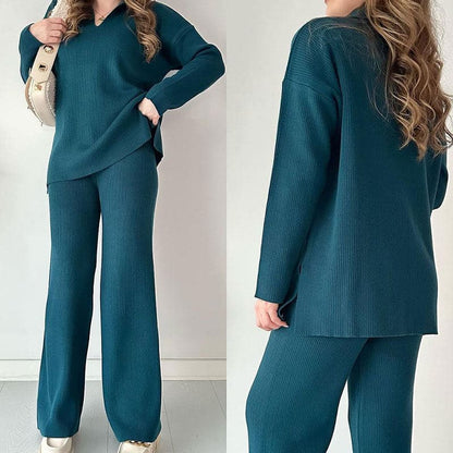 Completo Autunnale da Donna in Maglia Due Pezzi con Top a V e Pantaloni a Gamba Larga