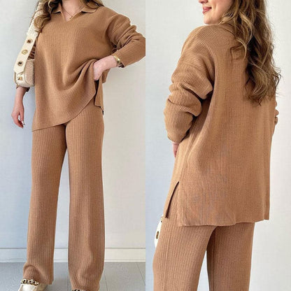 Completo Autunnale da Donna in Maglia Due Pezzi con Top a V e Pantaloni a Gamba Larga
