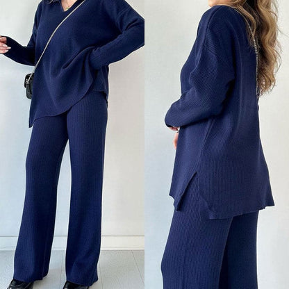 Completo Autunnale da Donna in Maglia Due Pezzi con Top a V e Pantaloni a Gamba Larga
