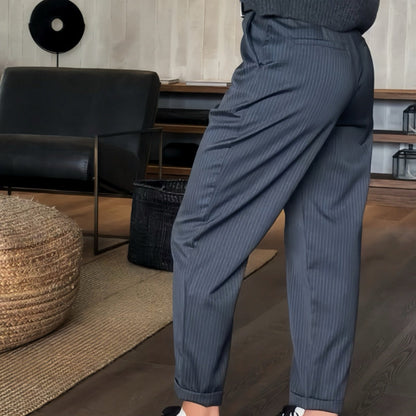 Pantaloni a righe grigie eleganti in un salotto moderno con mobili scuri e tappeto intrecciato. Stile formale, moda uomo, design contemporaneo.