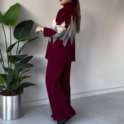Completo Donna Maglione E Pantaloni Motivo Rombo Color-Block