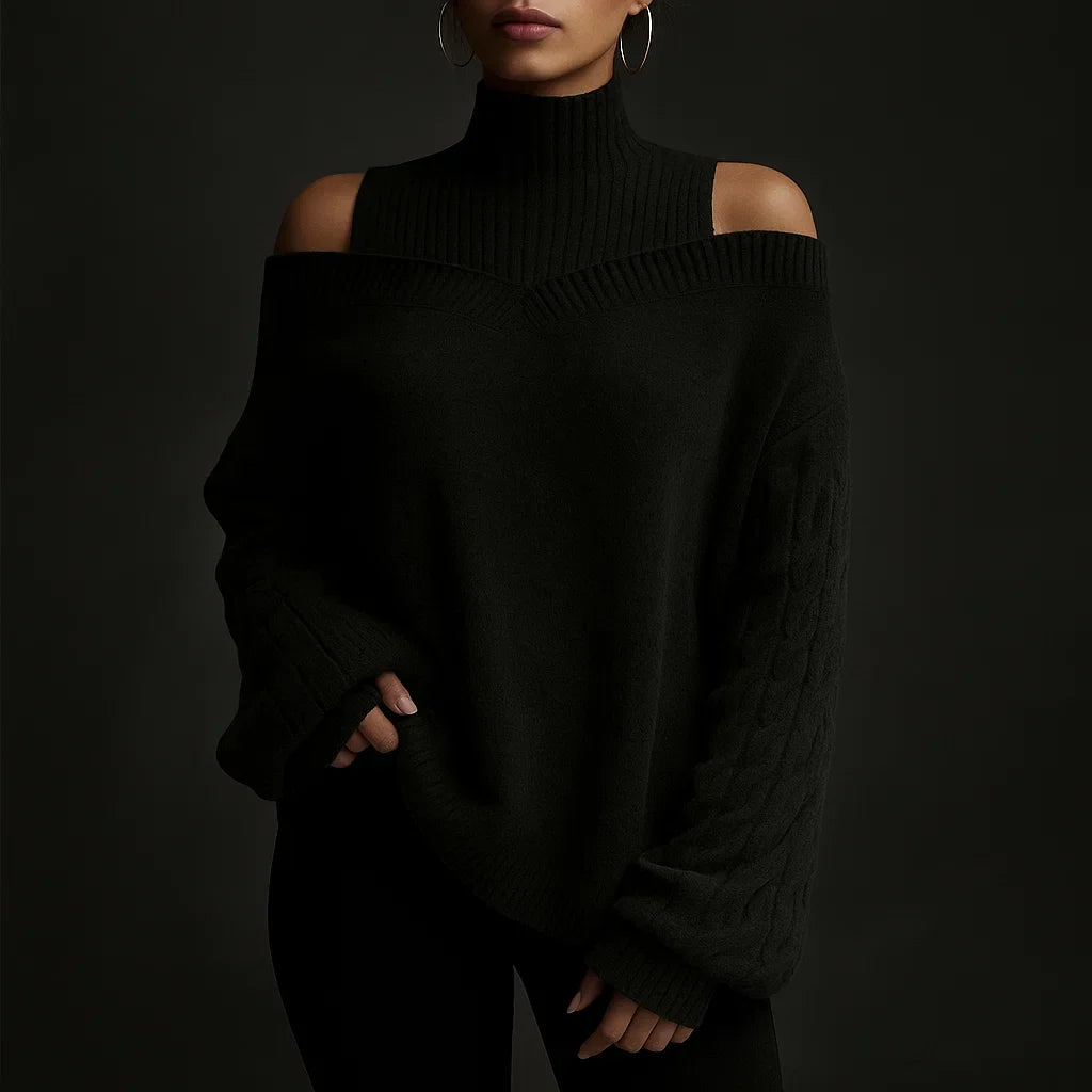 Maglione a Dolcevita da Donna con Spalle Scoperte Lavorazione a Treccia Maniche Lunghe