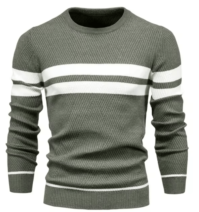 Maglione uomo grigio con righe bianche orizzontali, design a coste, maniche lunghe, stile casual, moda autunno inverno, abbigliamento maschile.