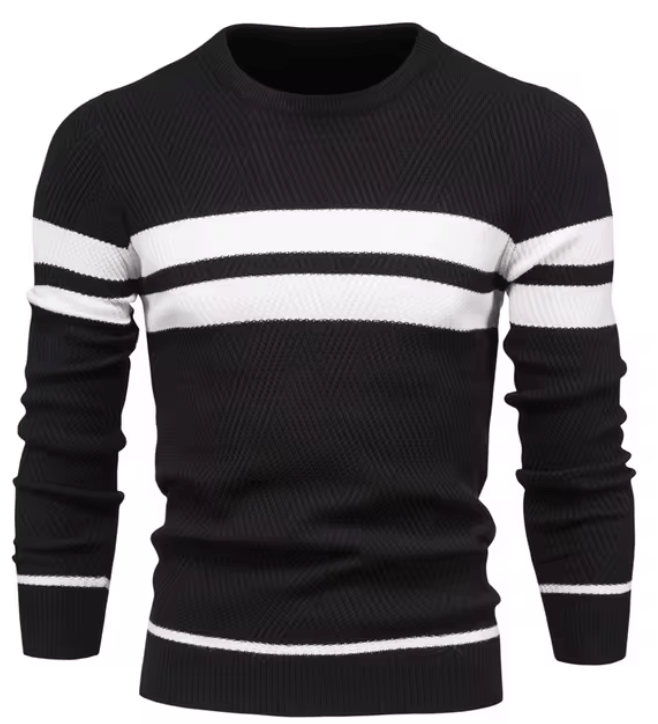 Maglione nero a righe bianche, maniche lunghe, design casual ed elegante, ideale per moda autunnale e invernale, tessuto morbido e confortevole.