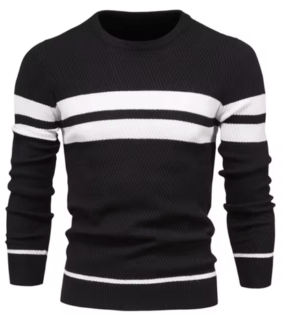 Maglione nero a righe bianche, maniche lunghe, design casual ed elegante, ideale per moda autunnale e invernale, tessuto morbido e confortevole.