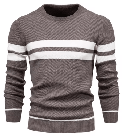 Maglione uomo grigio con righe bianche, design a coste, maniche lunghe, stile casual elegante, perfetto per autunno e inverno.