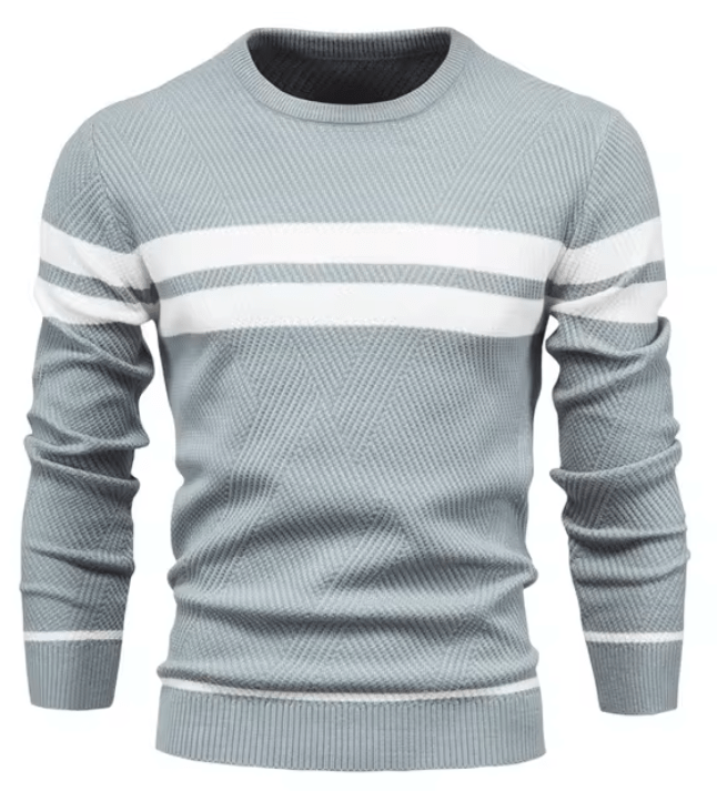 Maglione grigio chiaro a righe bianche, maniche lunghe, design a coste, moda uomo, abbigliamento casual, stile autunnale, tessuto morbido.