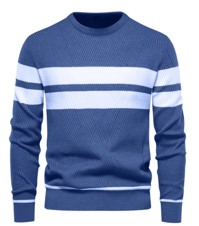 Maglione blu a righe bianche, design casual, maniche lunghe, tessuto a maglia, ideale per moda autunnale e invernale uomo.