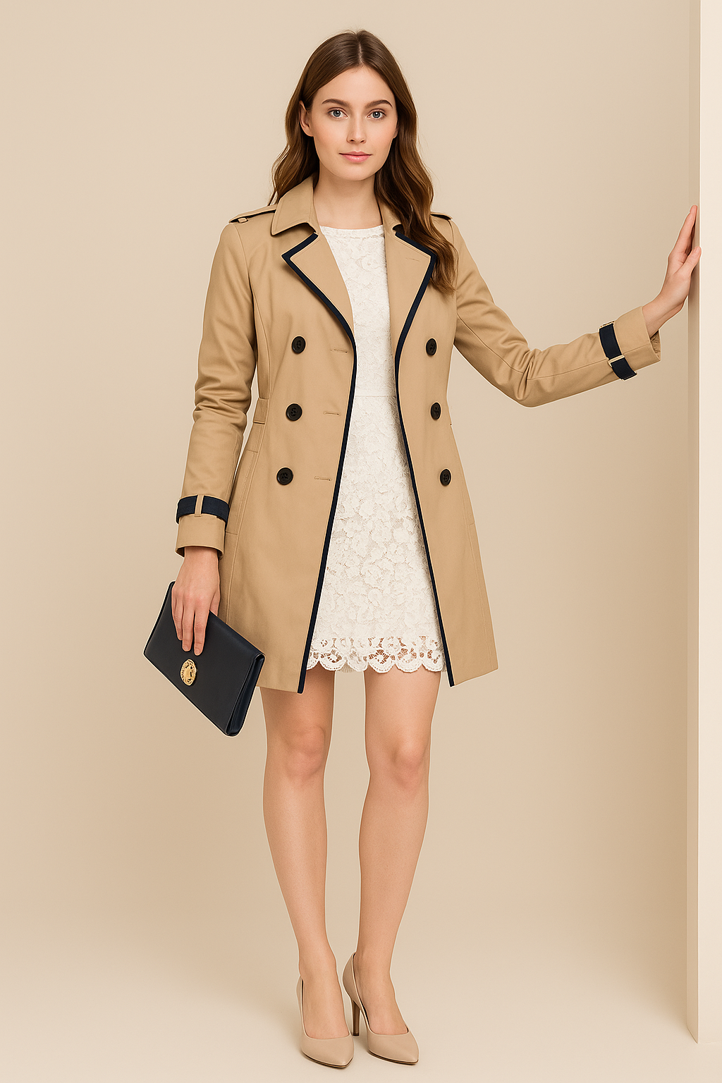 Donna in trench beige e abito bianco in pizzo, con pochette nera. Moda elegante autunnale, abbigliamento femminile chic, stile sofisticato.