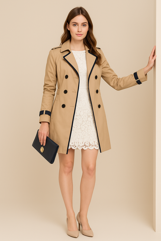 Donna in trench beige e abito bianco in pizzo, con pochette nera. Moda elegante autunnale, abbigliamento femminile chic, stile sofisticato.