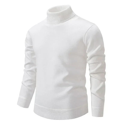 Maglione dolcevita bianco da uomo, maniche lunghe, tessuto morbido, ideale per look invernali eleganti e casual. Moda maschile, abbigliamento caldo.