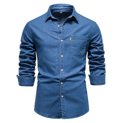 Camicia da Uomo in Denim Maniche Lunghe con Chiusura a Bottoni e Vestibilità Classica